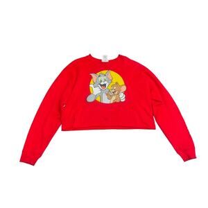 Tom & Jerry Cropped Graphic Crewneck Sweatshirt Sweater Size Large Retro Cartoon